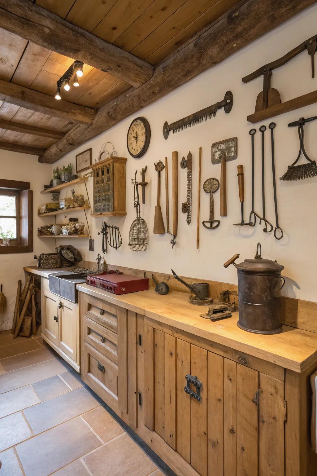 Antique farming implements contribute historical appeal to your decoration scheme.