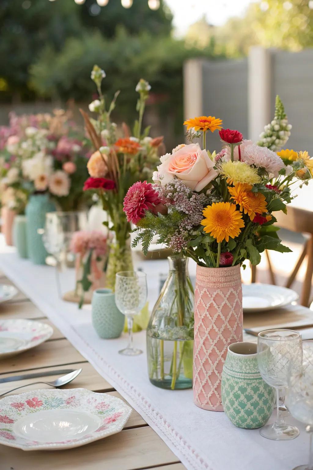 A wedding platform showcasing assembled mismatched vessels filled with vibrant blossoms.