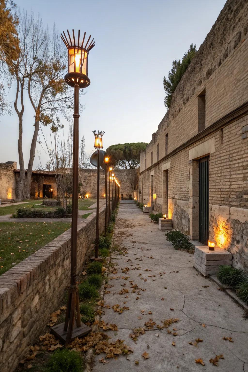 Rustic flame posts add an adventurous feel to the courtyard.