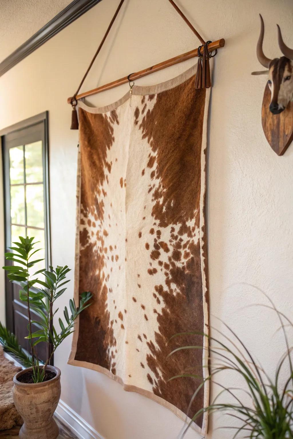 A partition exhibiting a custom fine art piece made from hide.