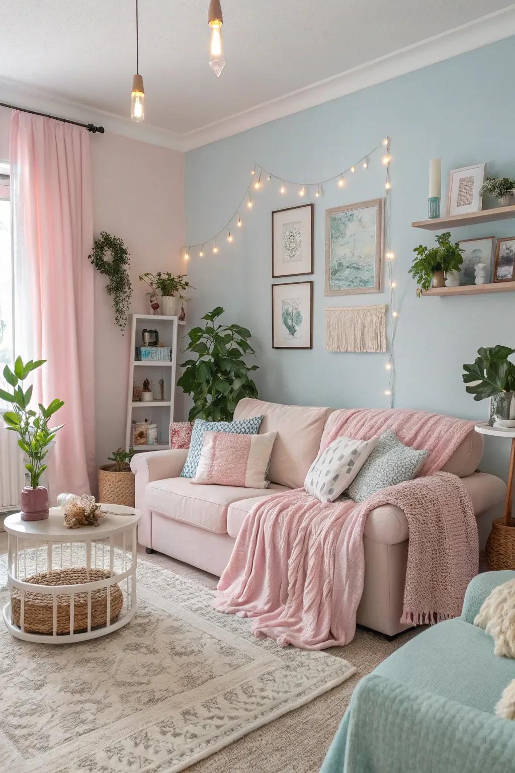 Pastel tones enhance light and impart gentle warmth.