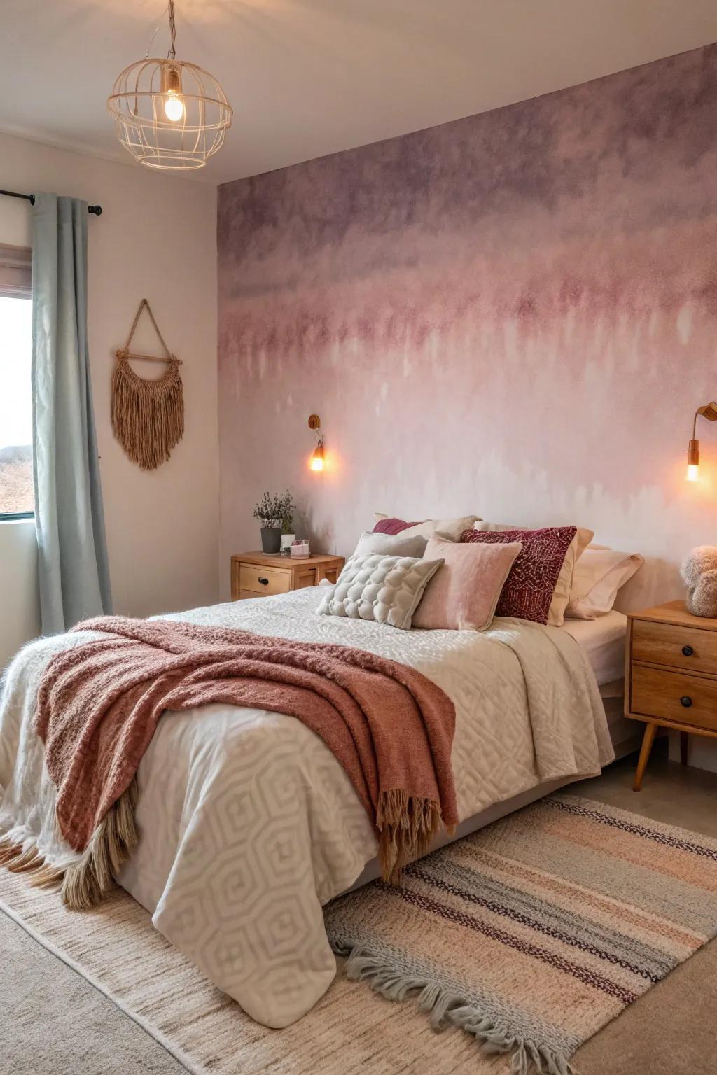 A cozy bedroom featuring fading shade wallpaper for a unique effect.