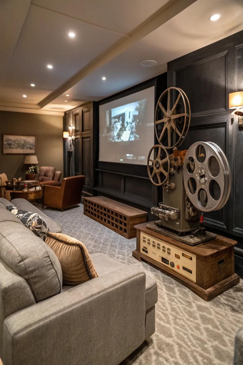 Vintage accents, such as film reels, give your cinema room a nostalgic appeal.