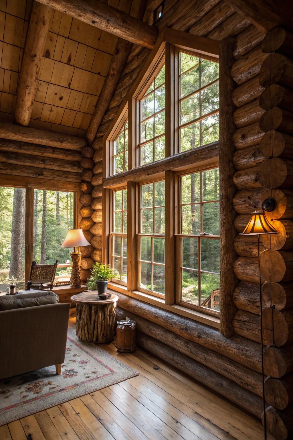 Branch window frames add a distinctive touch to the cabin's design.