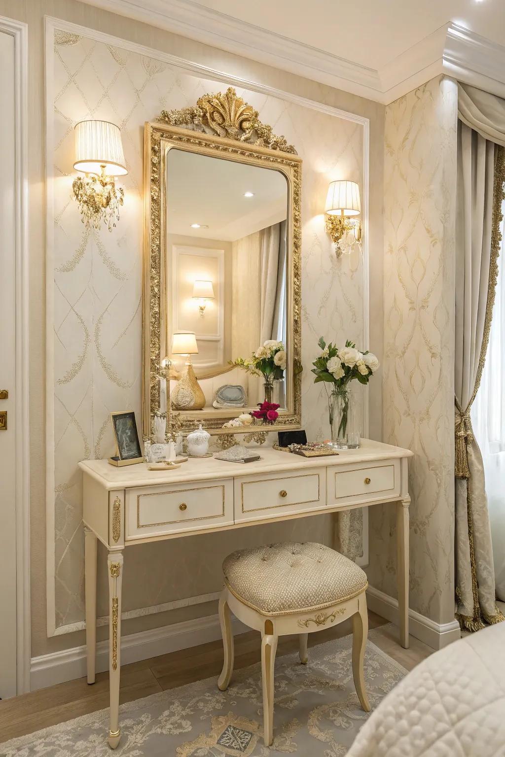 A sophisticated vanity area flawlessly blends utility and aesthetics.