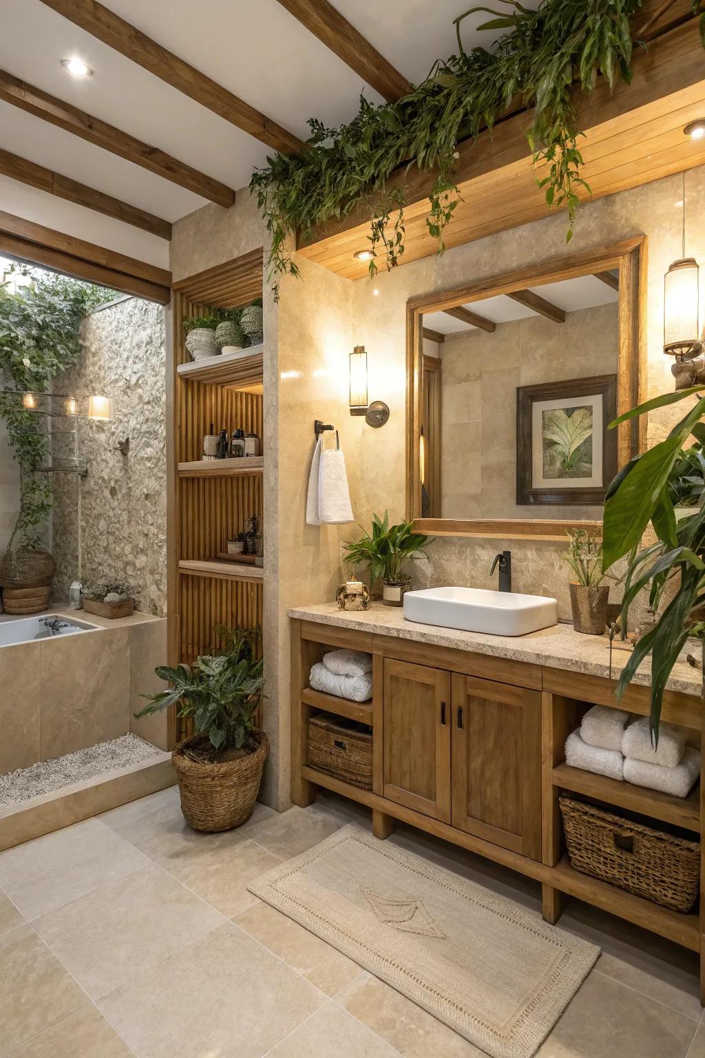 Natural elements bring life to a ivory pearl bathroom.