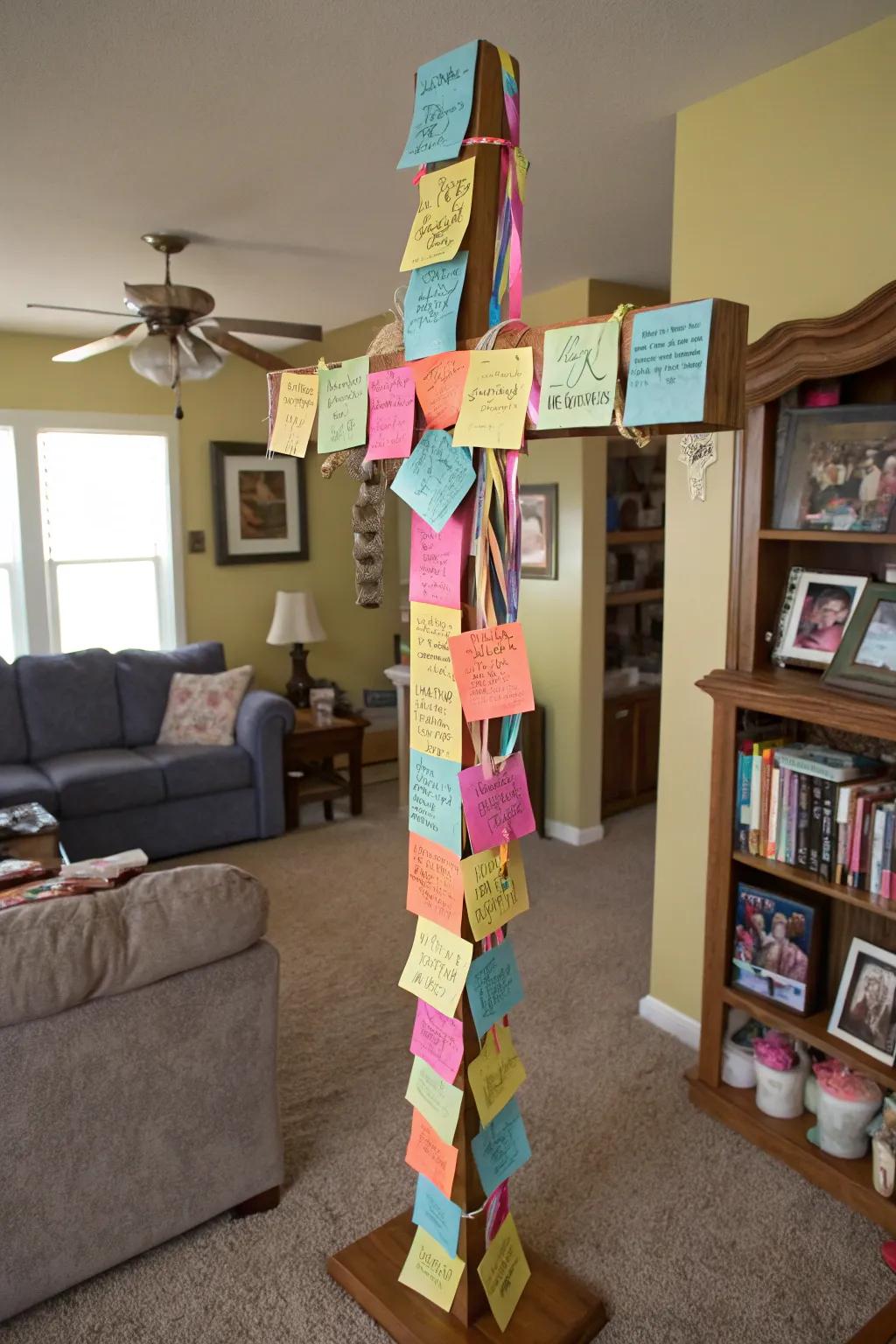 Cross adorned with personalized missives and notes
