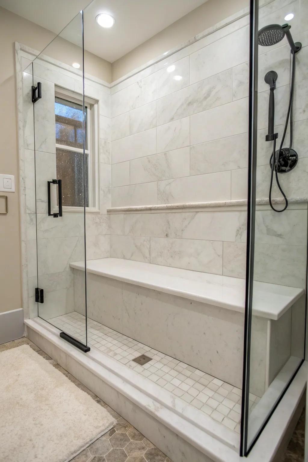 A shower seat contributes practicality to mineral composite showers.