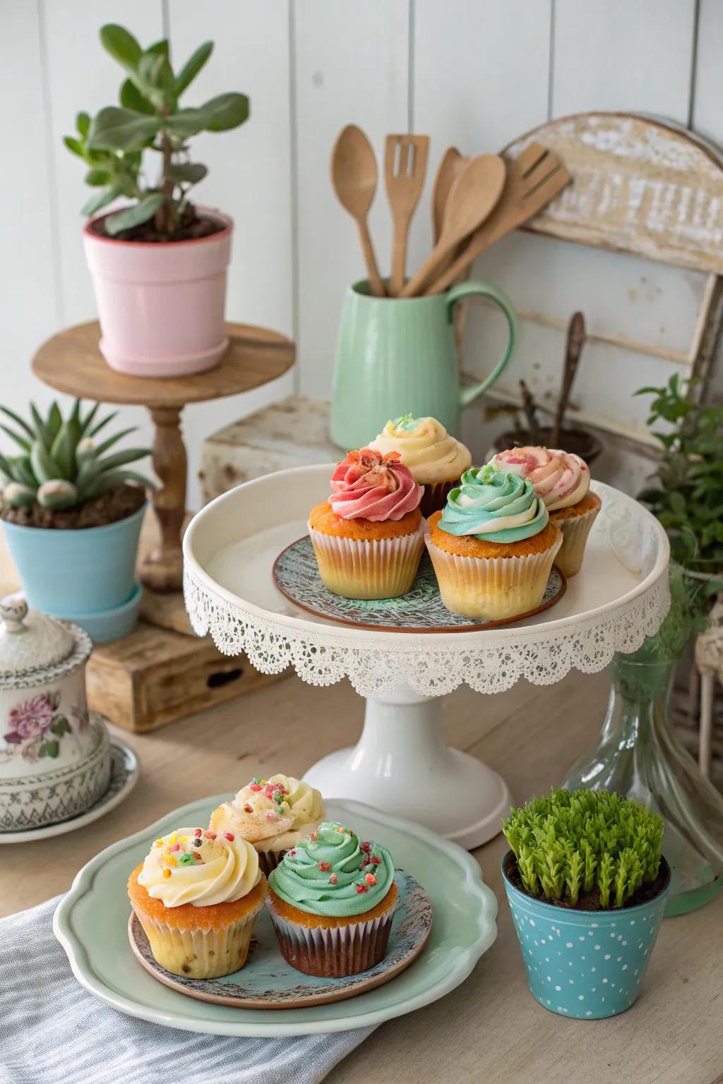 A sustainable cupcake display made with plates and stands.