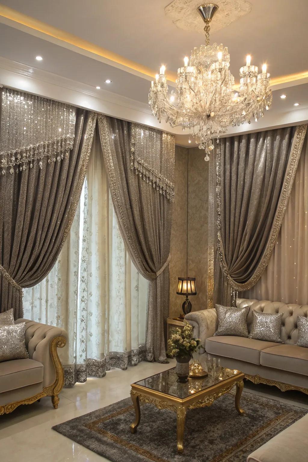 Sparkling trims introduce a luxurious dimension to drape designs.