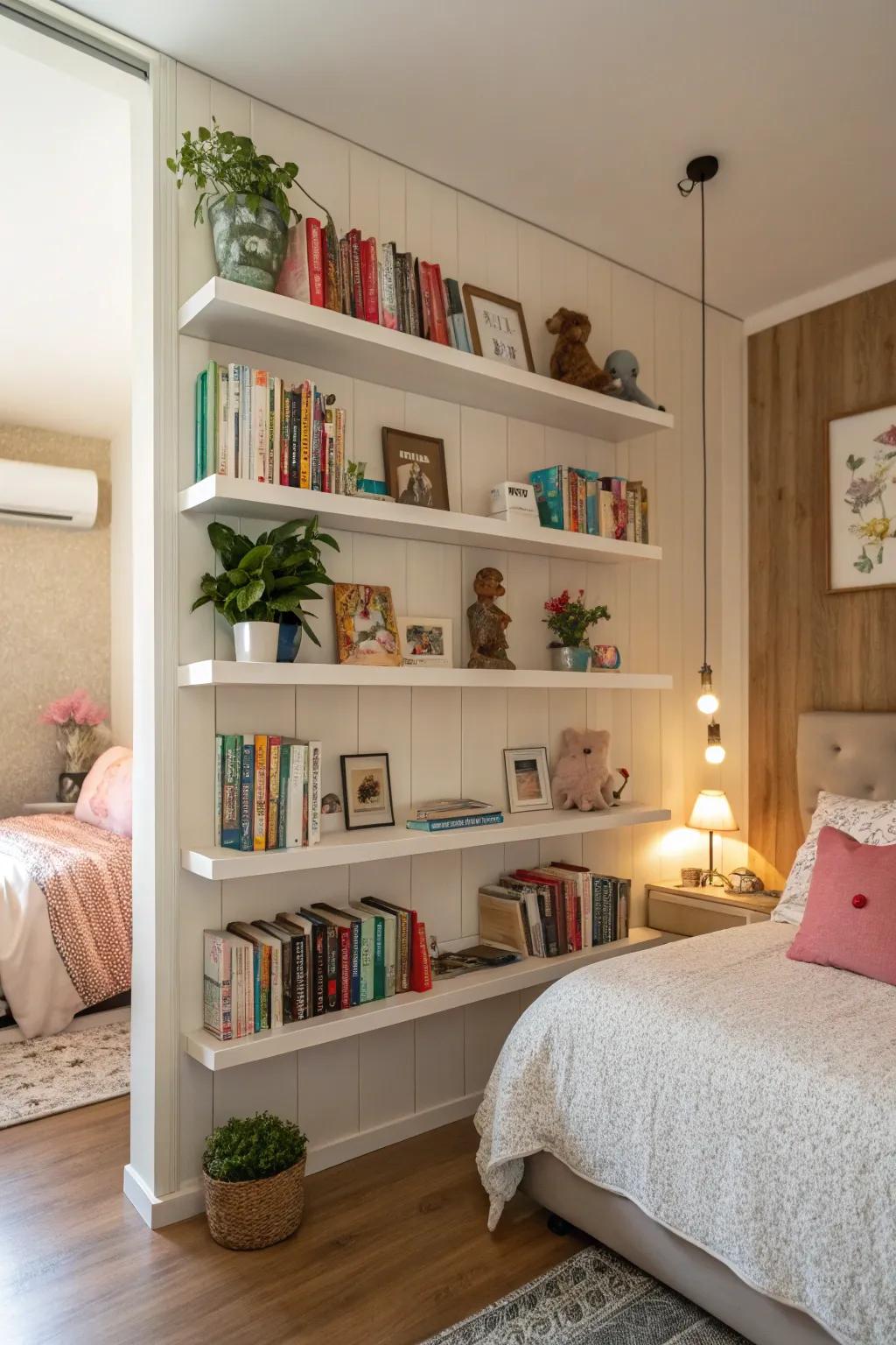 Upward storage designs maintain a tidy and spacious room.