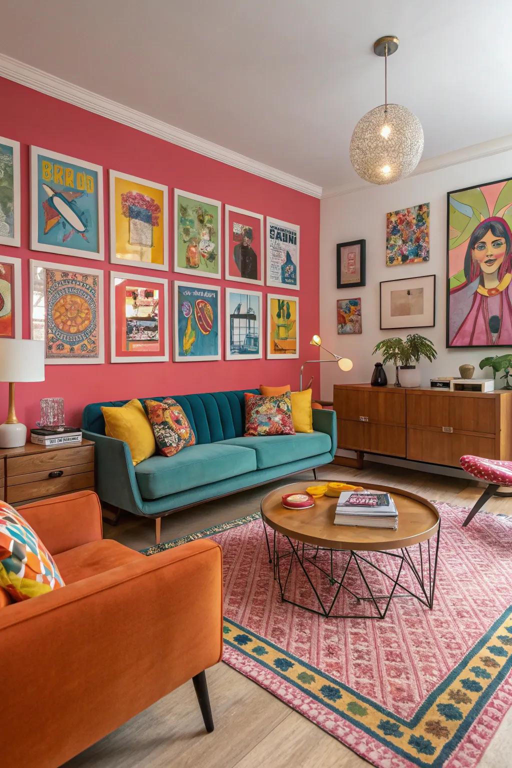 Vintage artwork adds vibrant energy to any living room.