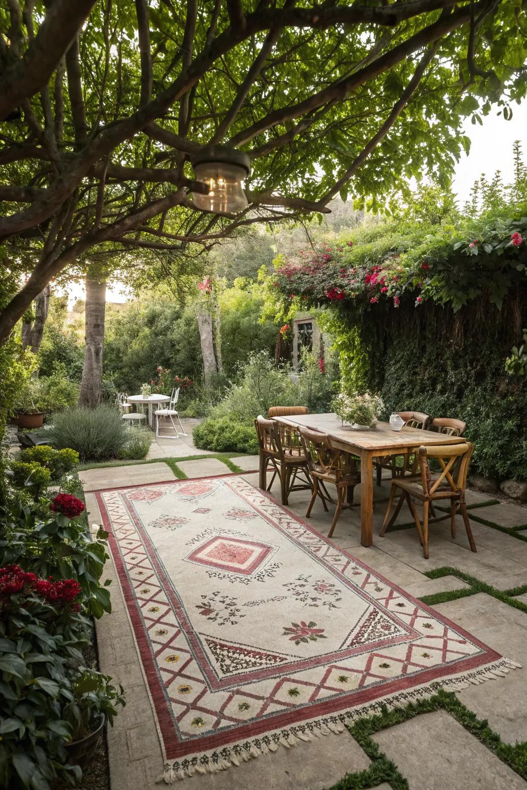 An exterior rug defines spaces and adds a cozy touch.