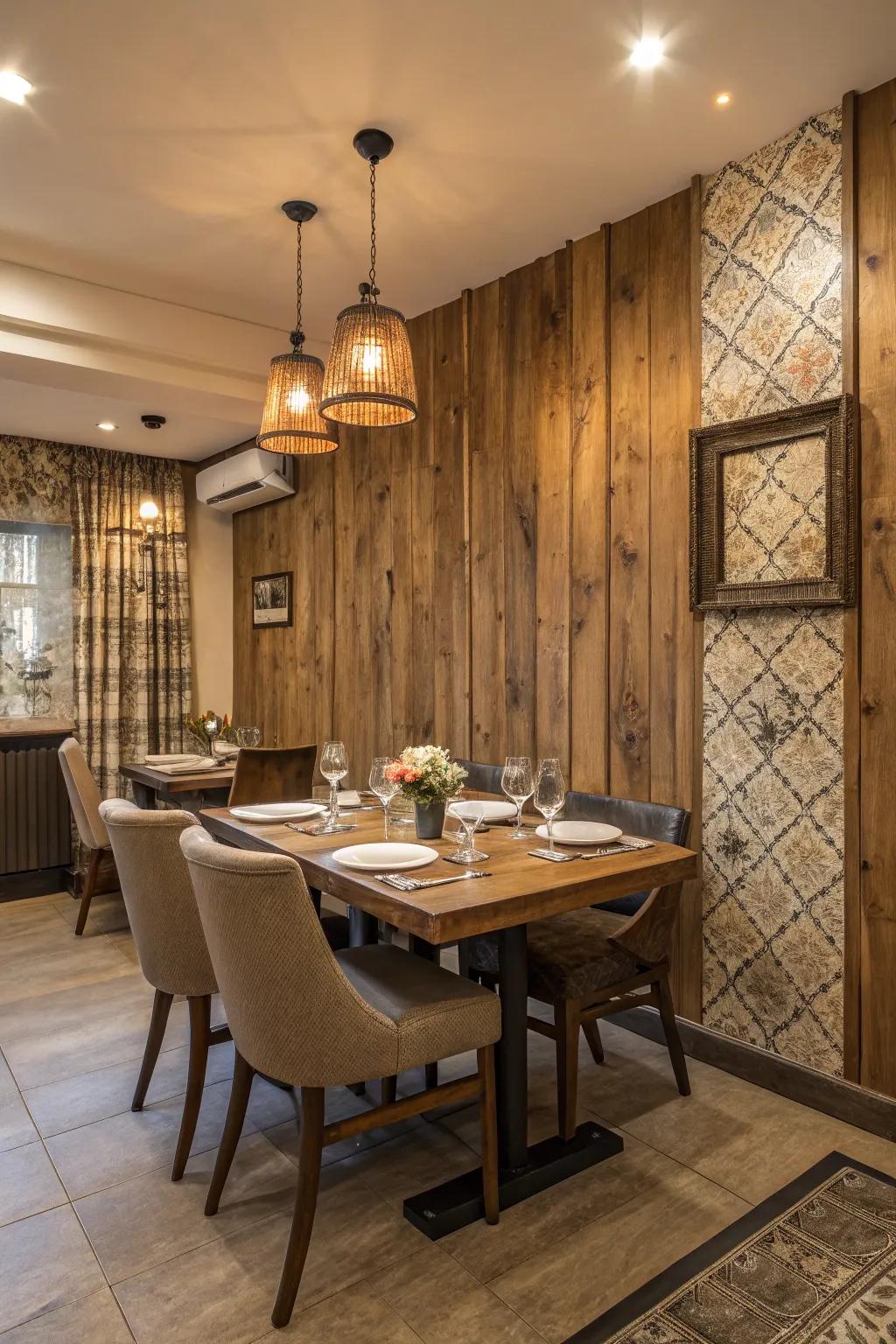 A dining room featuring rural wood texture wall covering, creating a cozy ambiance.