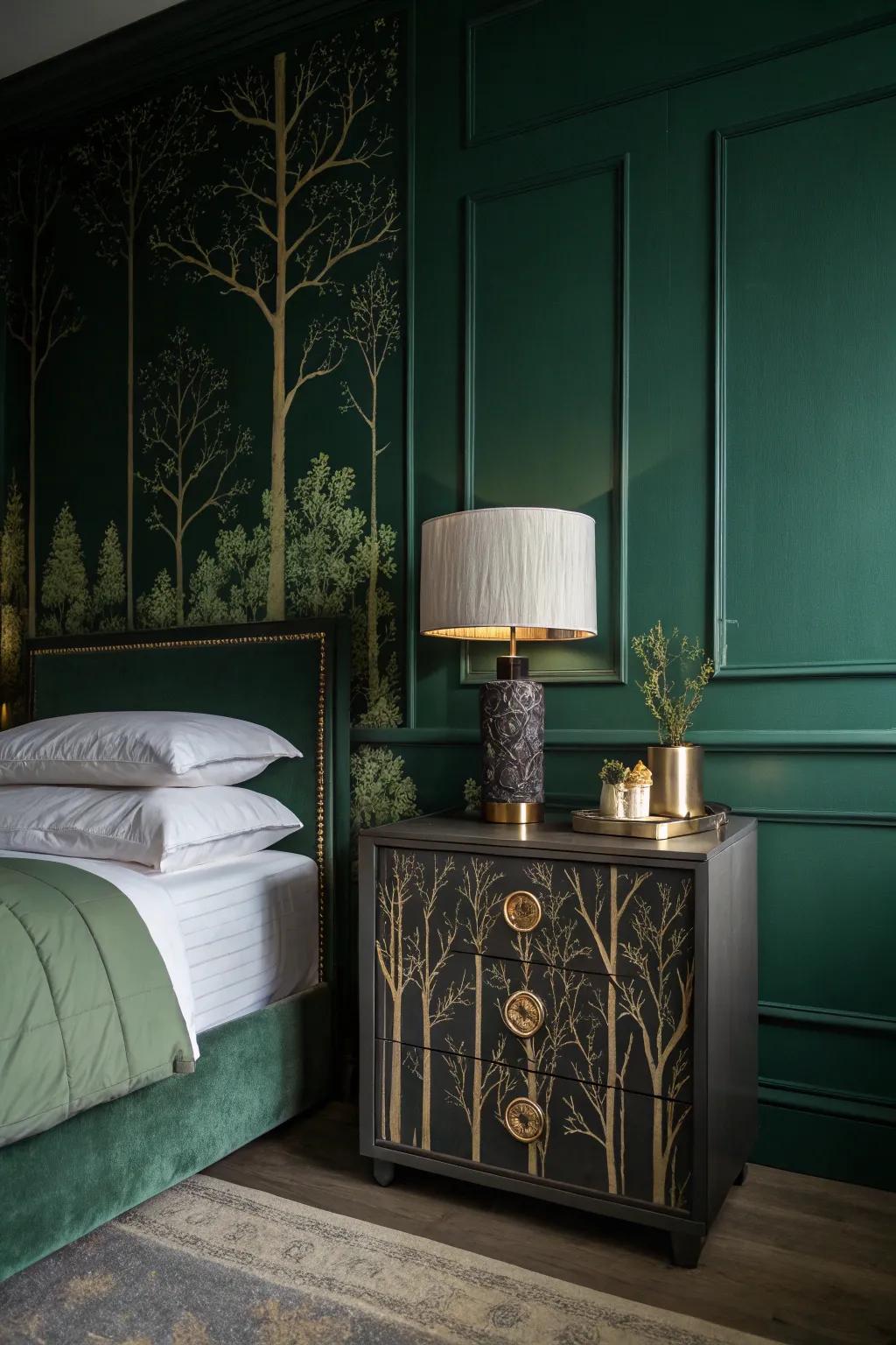 A shadowy jade bedroom with sleek profound forest bedside tables enhancing the sophisticated vibe.