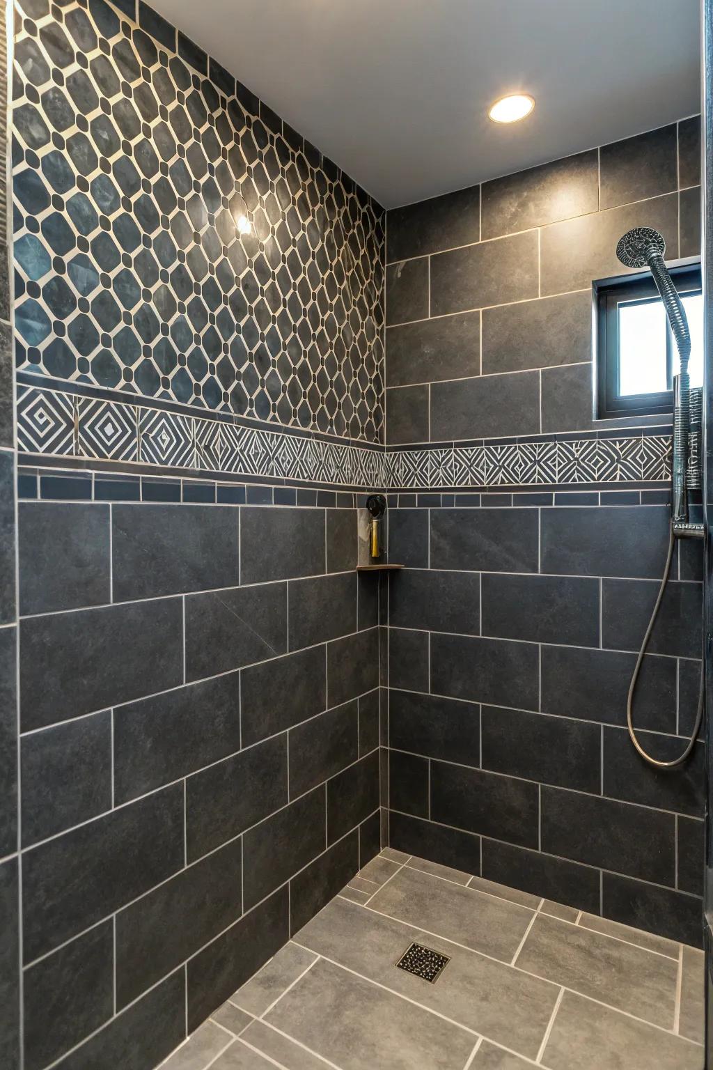 Patterned grout contributes a distinctive twist to dark charcoal tiling.