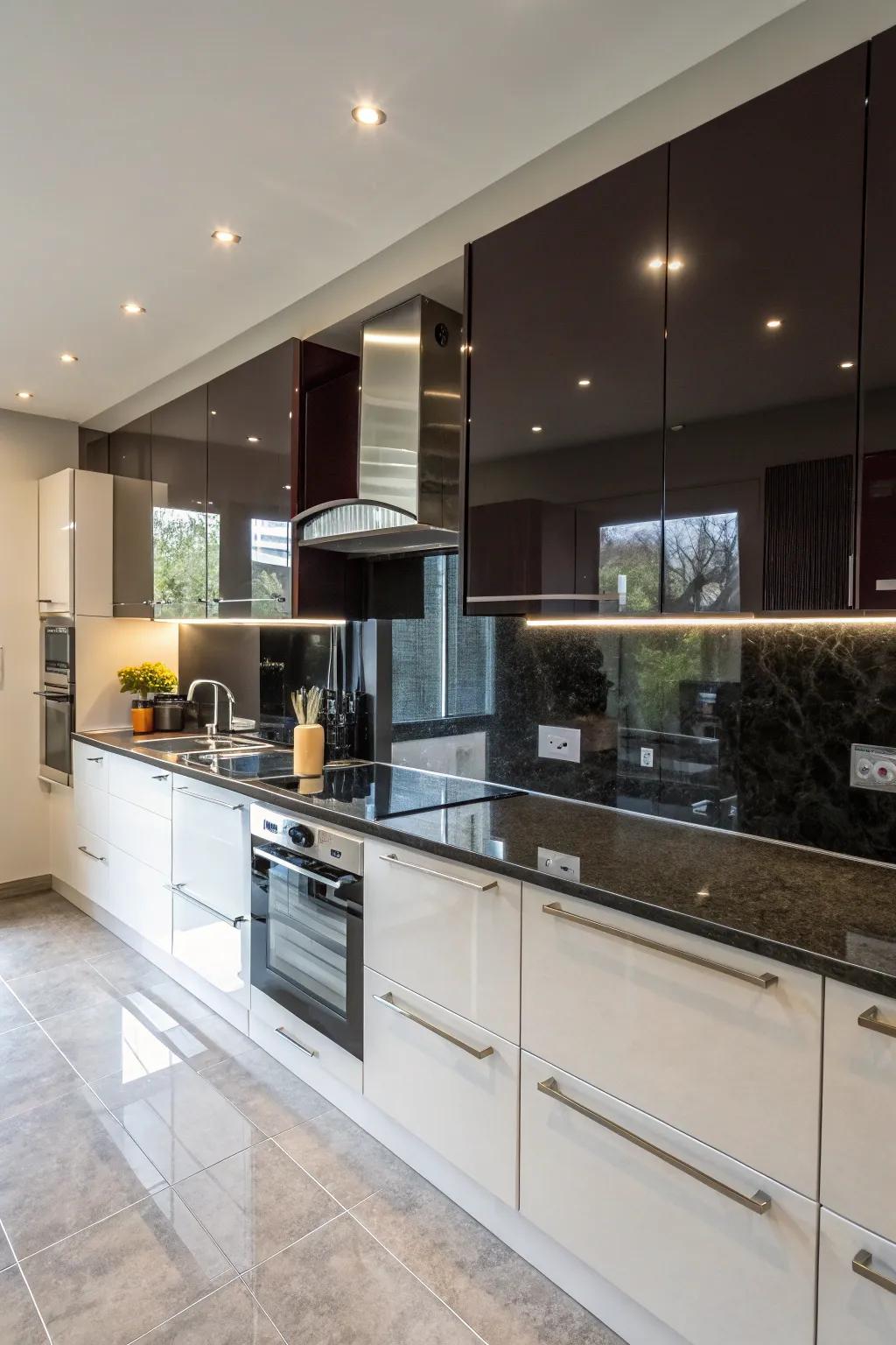 A chic kitchen design featuring a dark crystal backsplash that captures light and space.