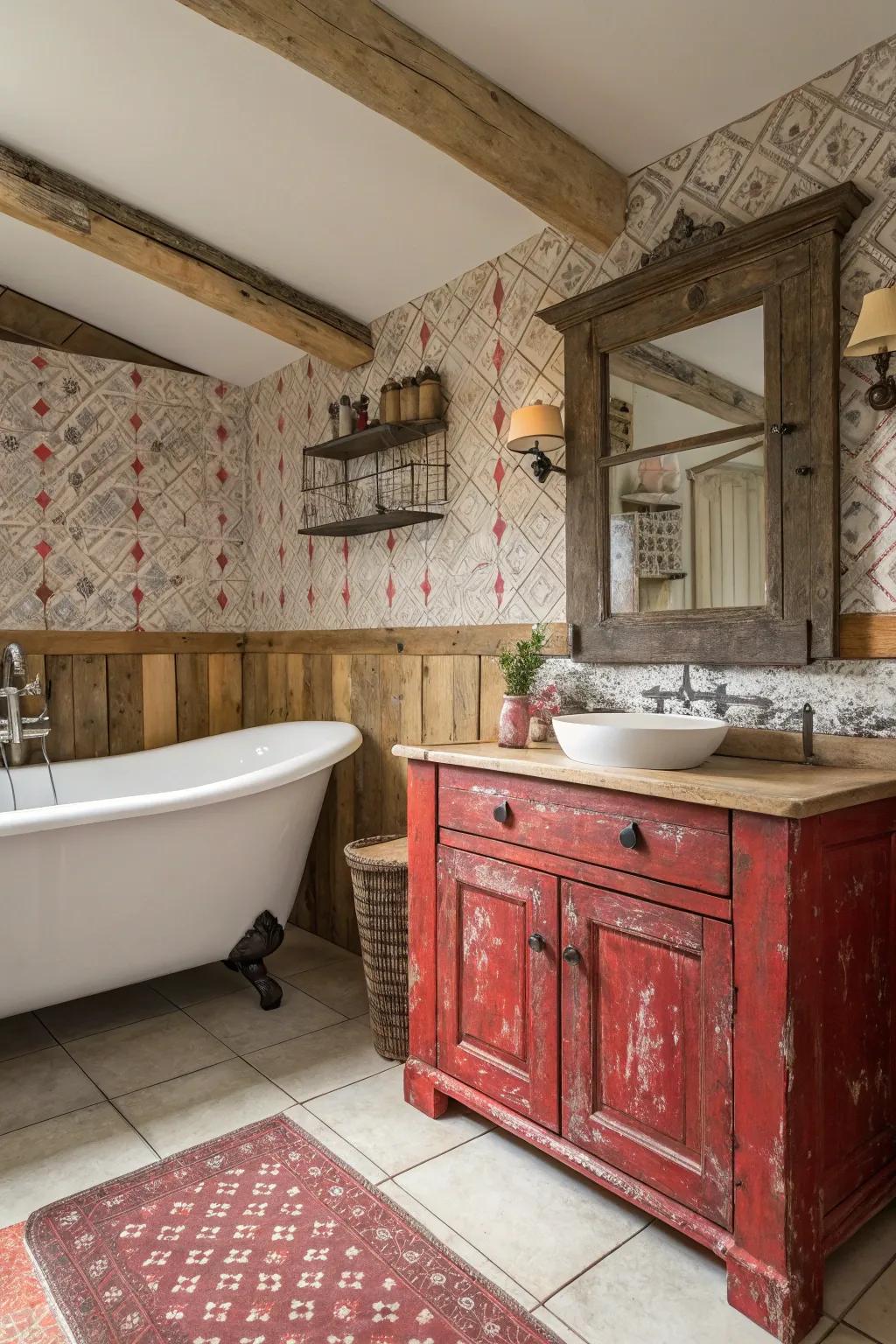 Rural crimson components append geniality and individuality to a farmhouse restroom.