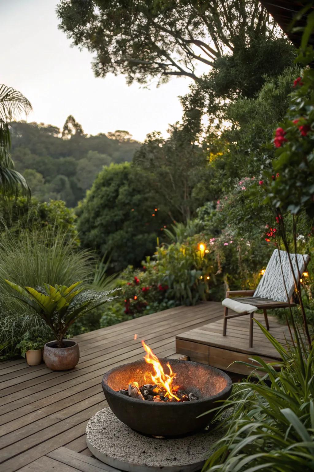 Elevate your patio’s natural allure with a hearth embraced by greenery.