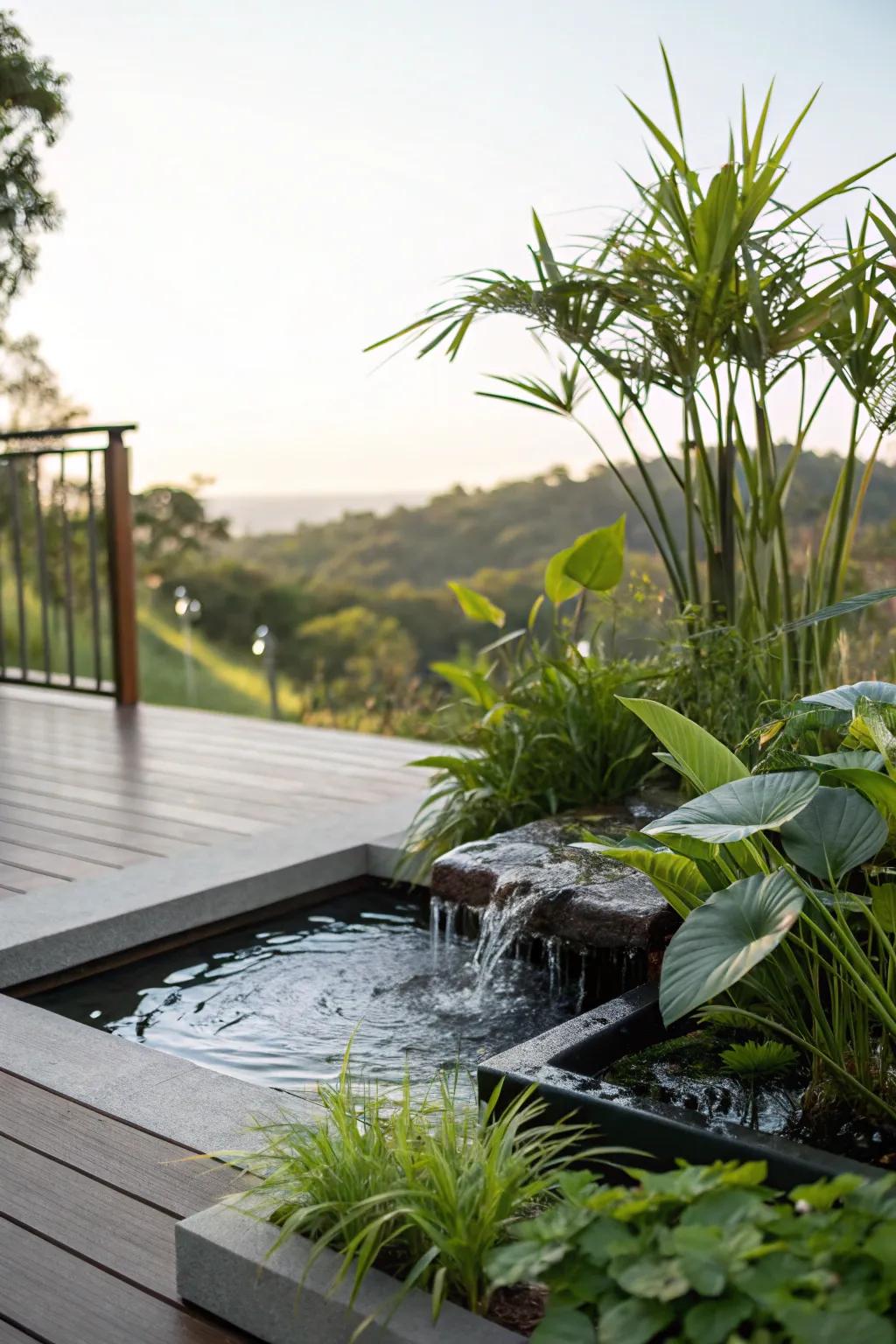 A water feature adds tranquility to any deck.