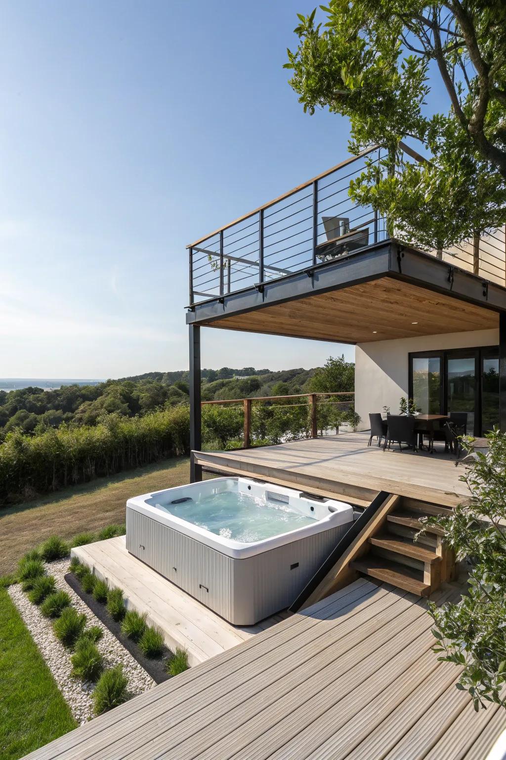 A soaring deck adds intrigue and a contemporary touch to the hot tub design.