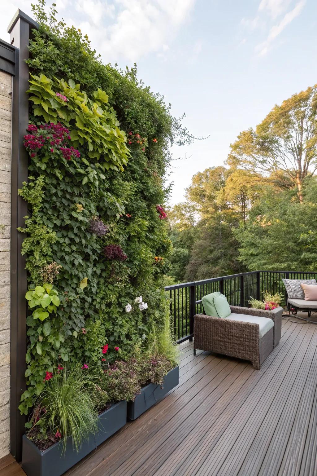 An upright garden furnishing a vibrant, verdant privacy partition.