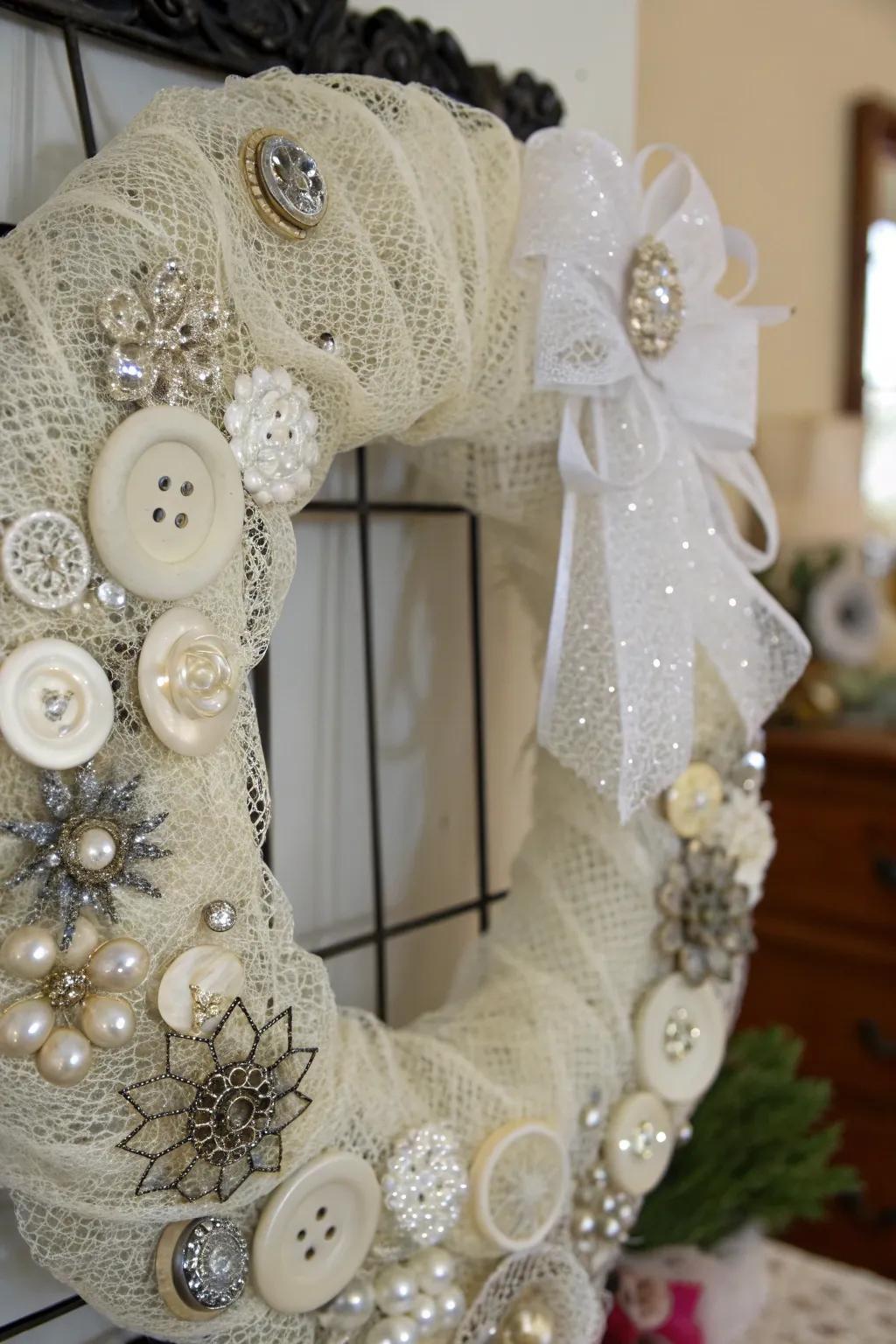 Vintage accents impart nostalgic charm to this unique wreath.