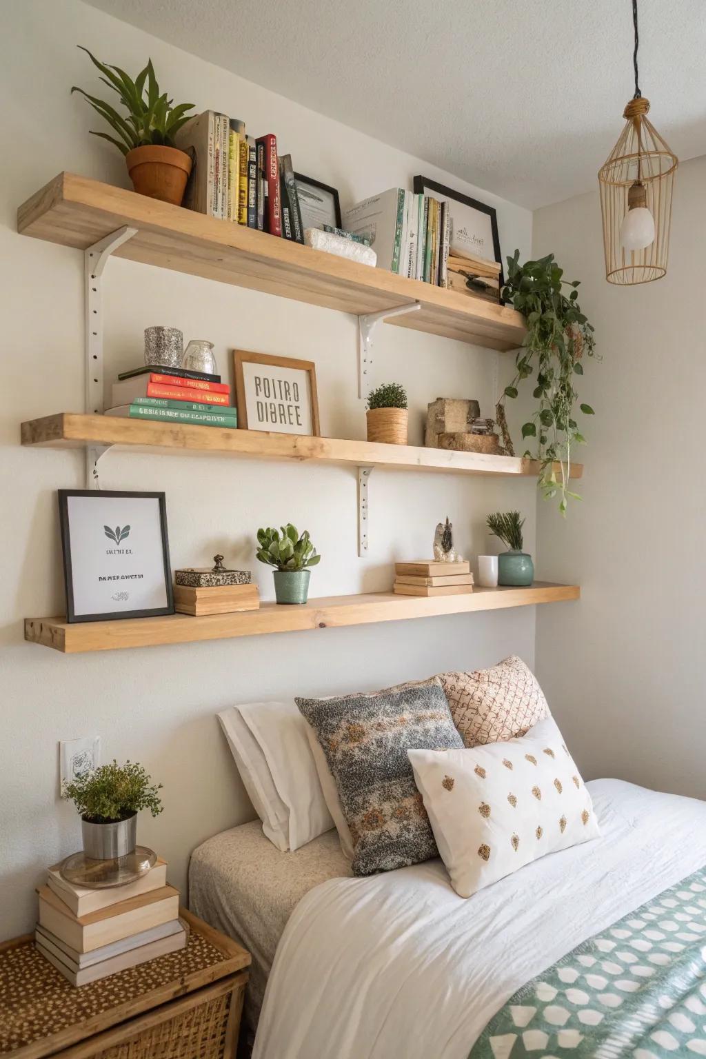 Floating shelves provide stylish storage in a compact bedroom.