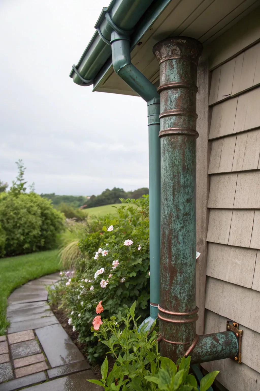 Copper downspouts offer luxurious beauty and visual intrigue.