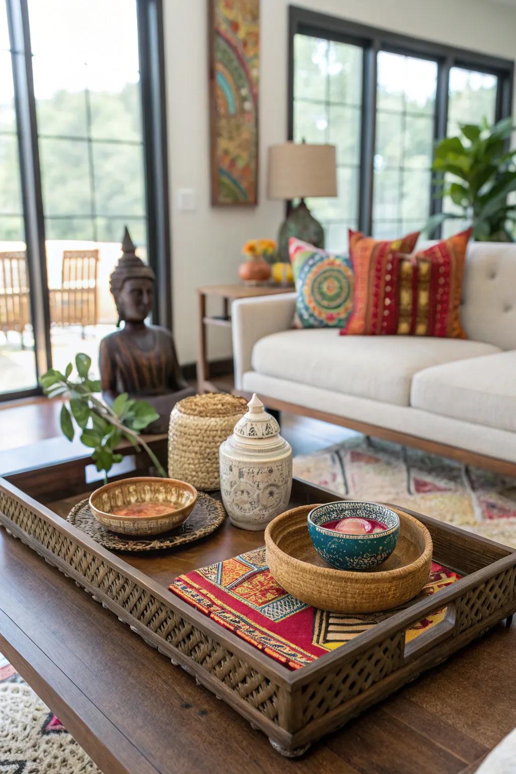 Worldly accents using culturally diverse items on a board.