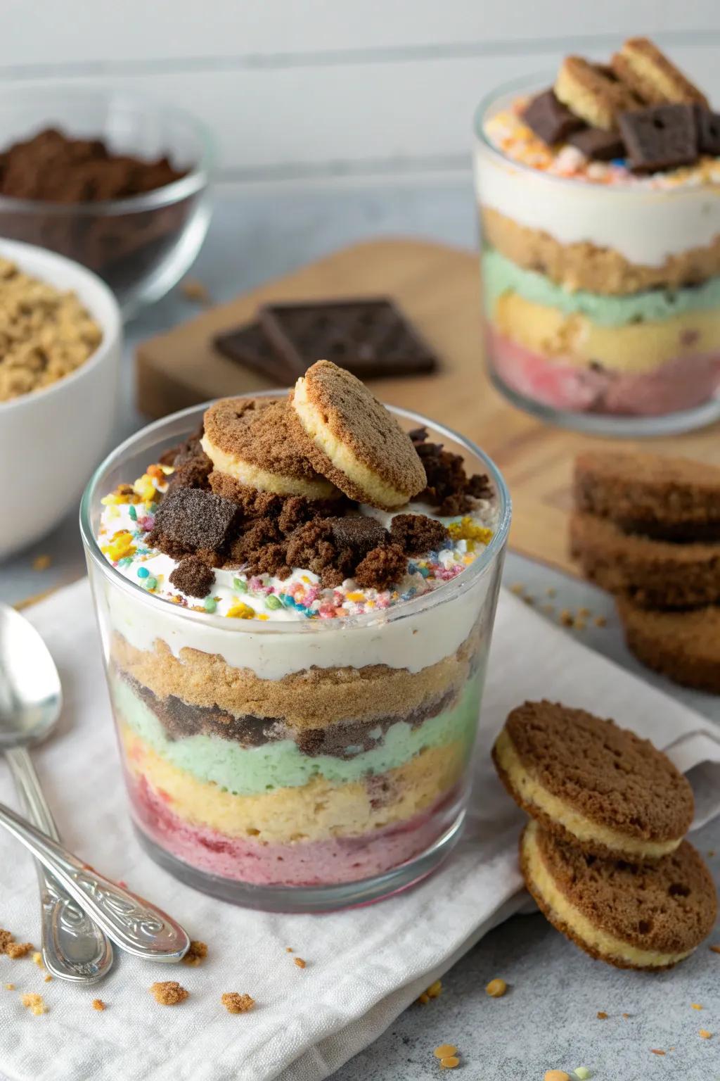Palatable earth sphere delicacies featuring strata of confection, creamy dessert, and shattered sweets.