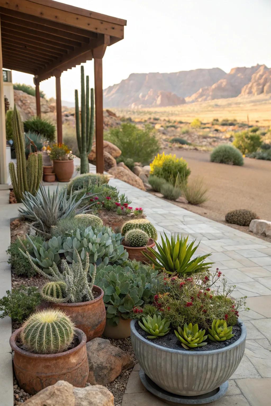 Flexible and fashionable arrangement of potted plants creates a dynamic garden.