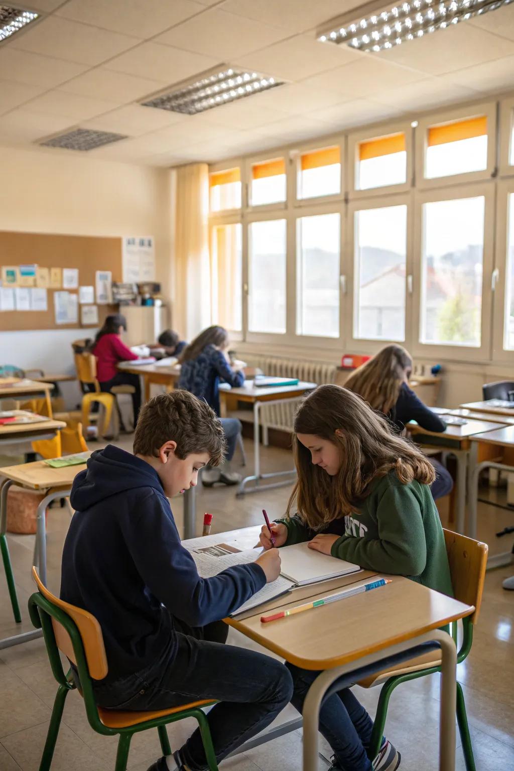 Paired desks facilitate peer education and collaborative pursuits.
