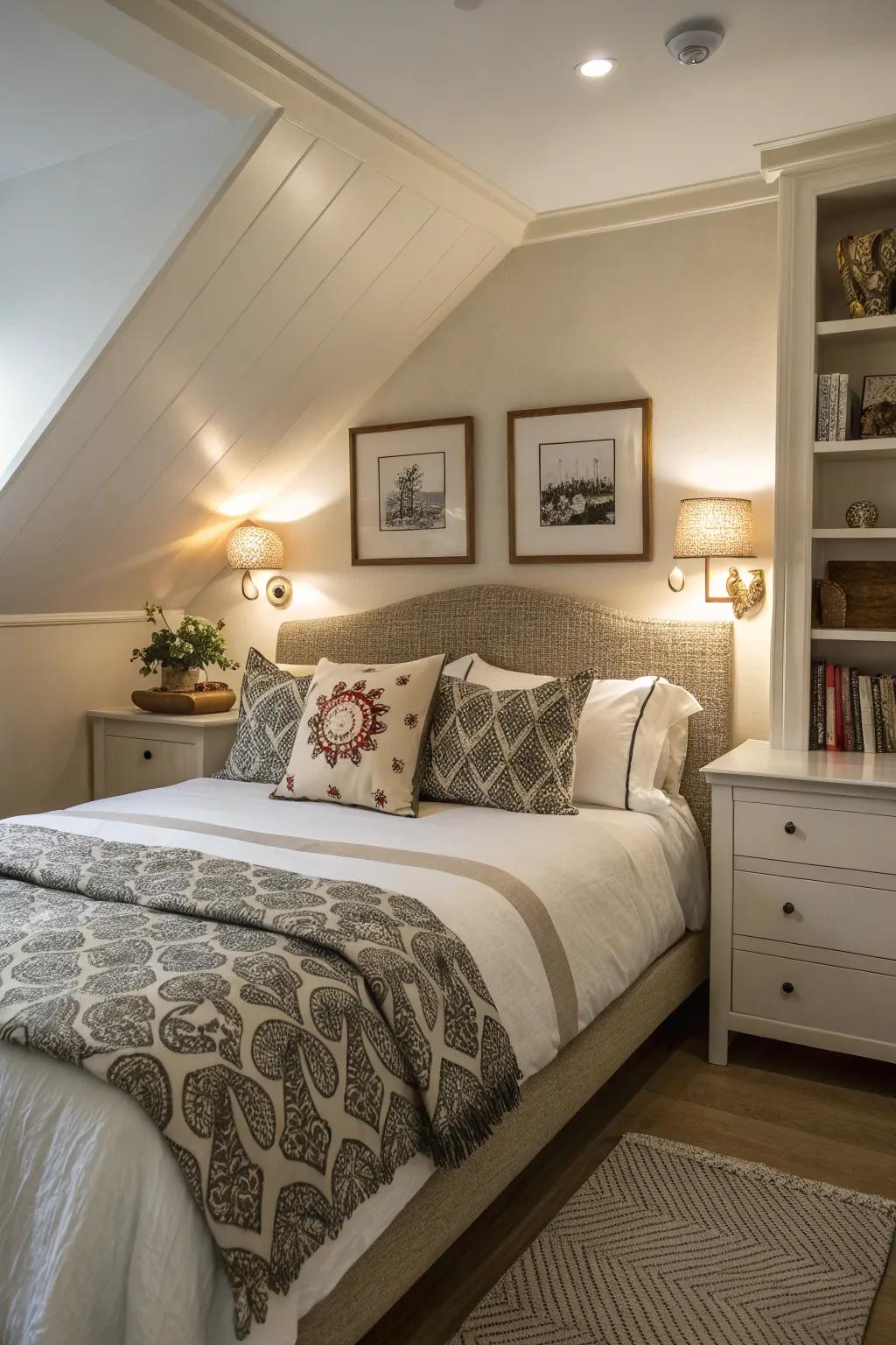 Symmetry brings balance to a bed arrangement at an angle.