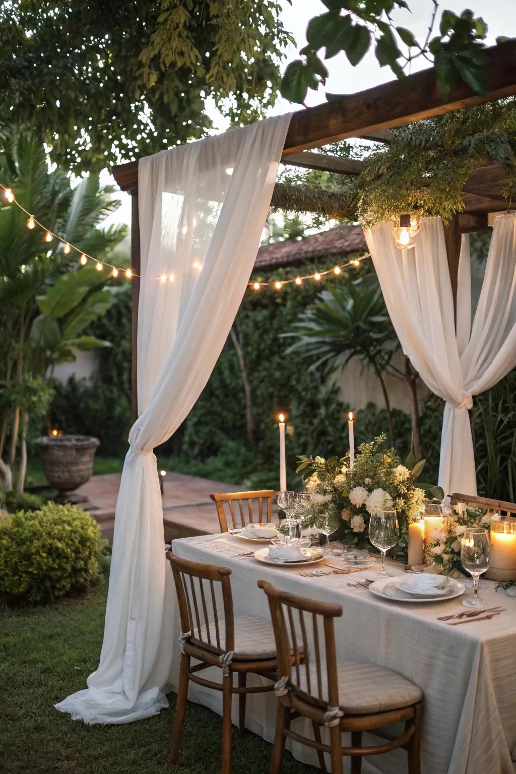 A white draped canopy for a dreamy, intimate dining experience.