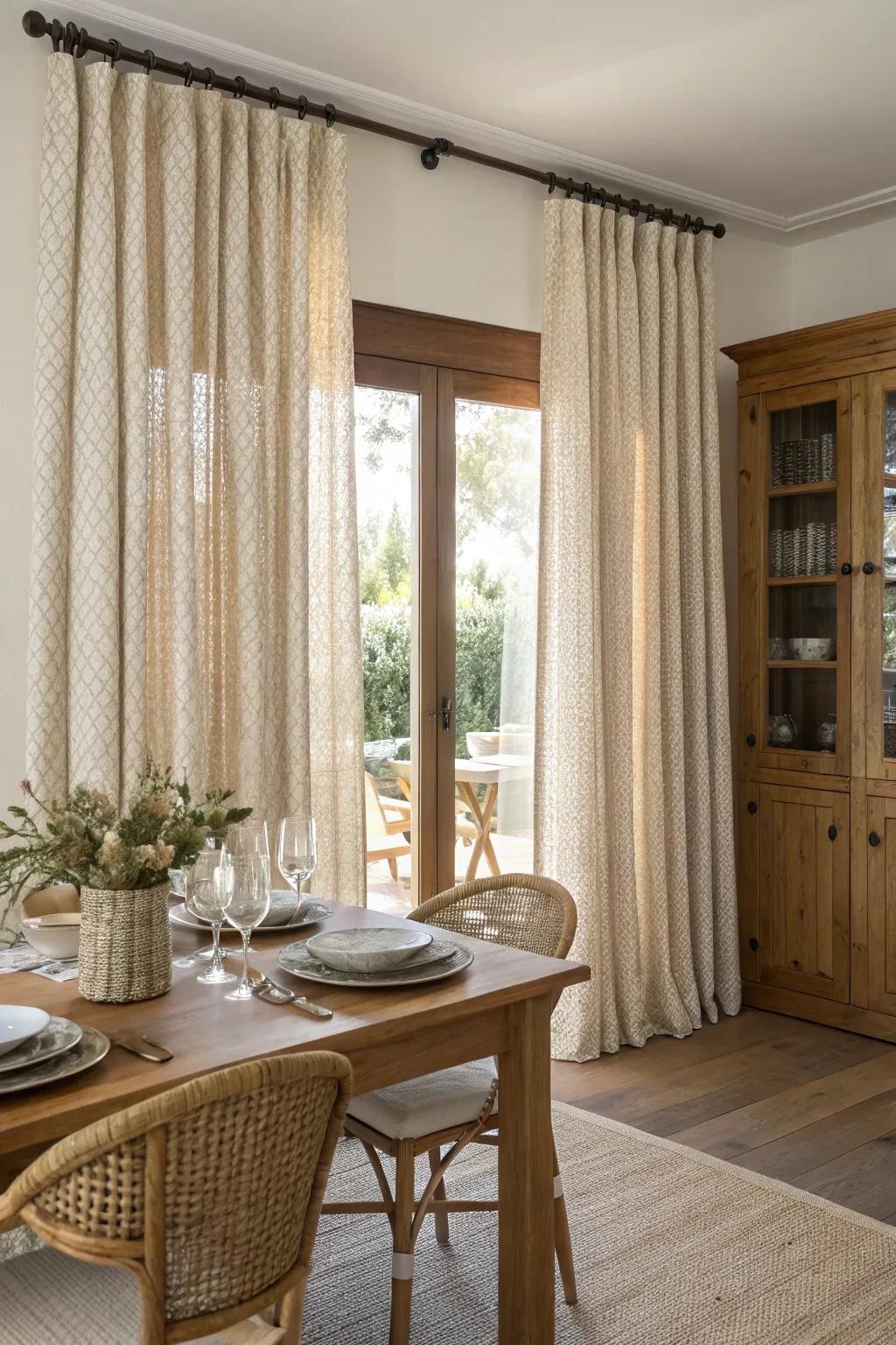 Woven pattern coverings for a natural dining room vibe.