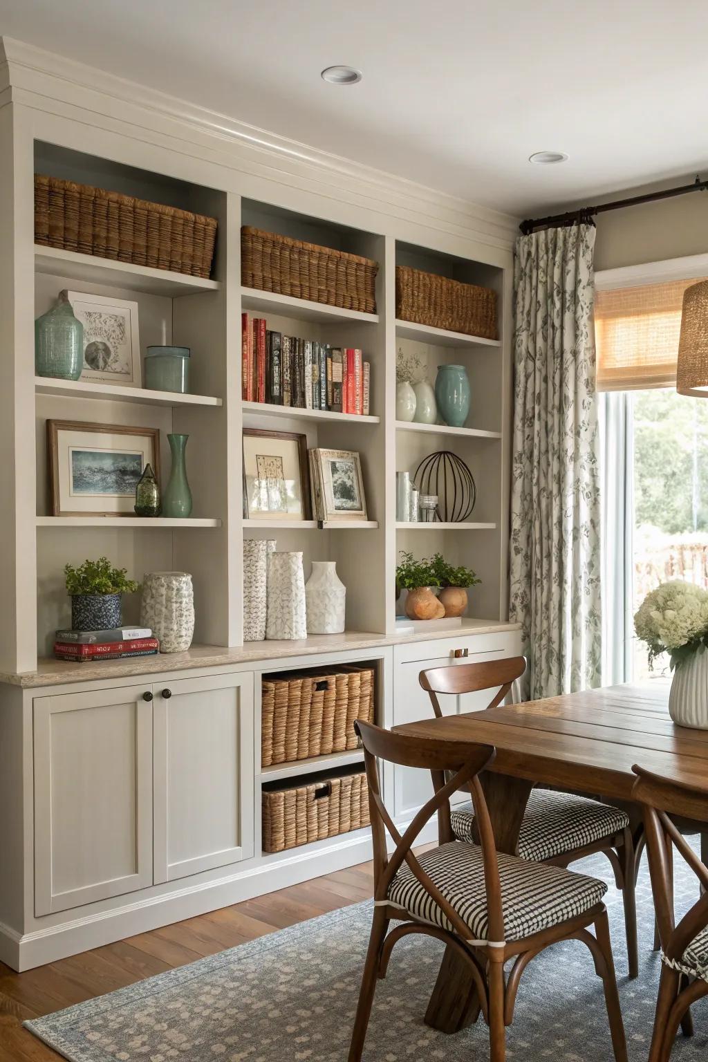 Customizable shelving offers versatility for an array of storage requirements.