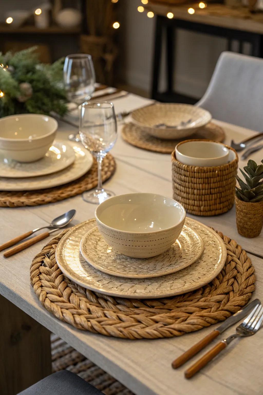Crafted details such as handmade pottery injecting character into the table.