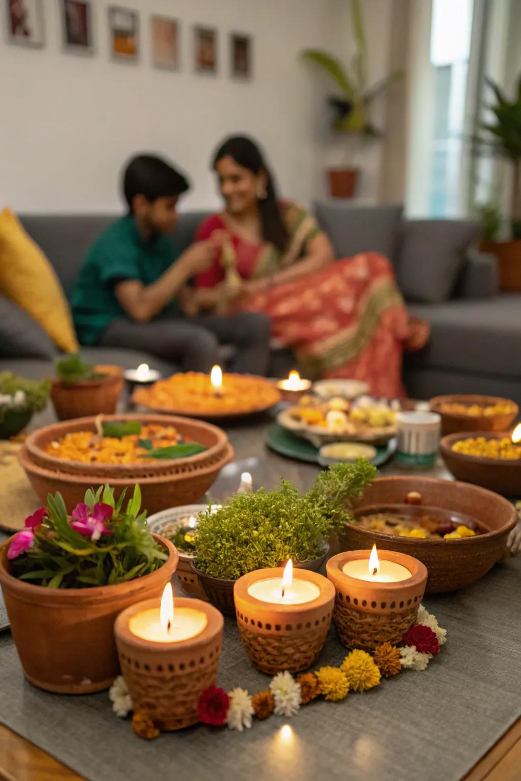 Petite small greenery append a hint of nature and invigorate the Diwali table.