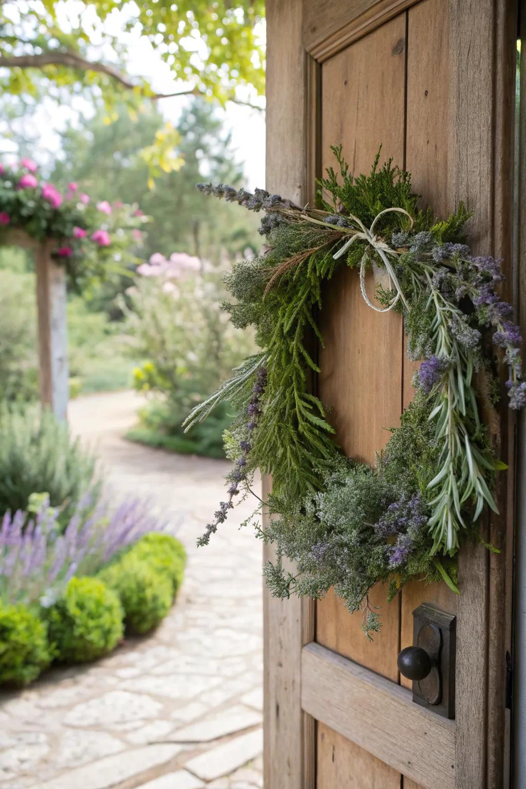 An herb wreath offers a fragrant and eco-friendly door decoration.