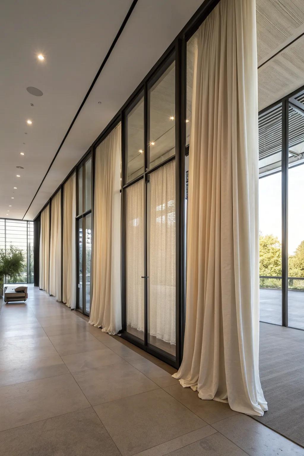 Fashion gentle partitions utilizing gliding textile sheets.