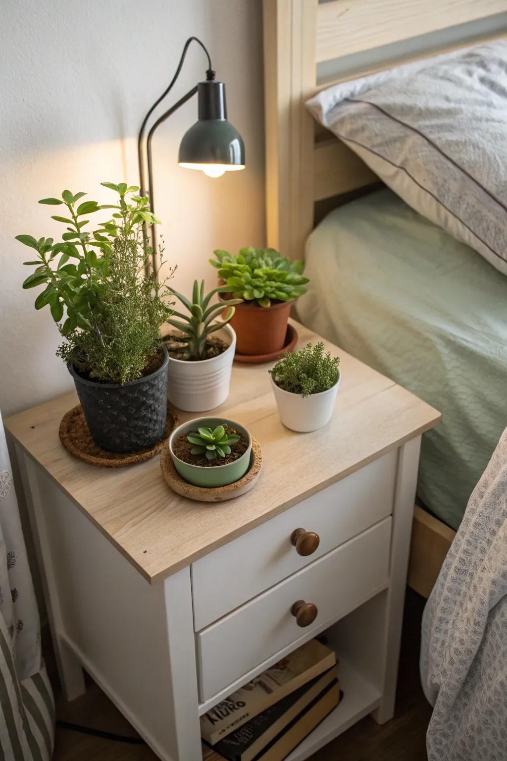 A collection of plants brings life and calm to your residence nightstand.
