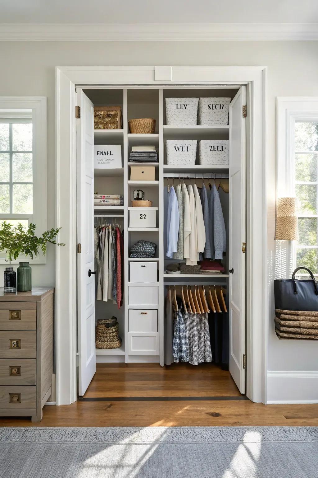 Custom labels ensure everything in a double closet has its designated spot.