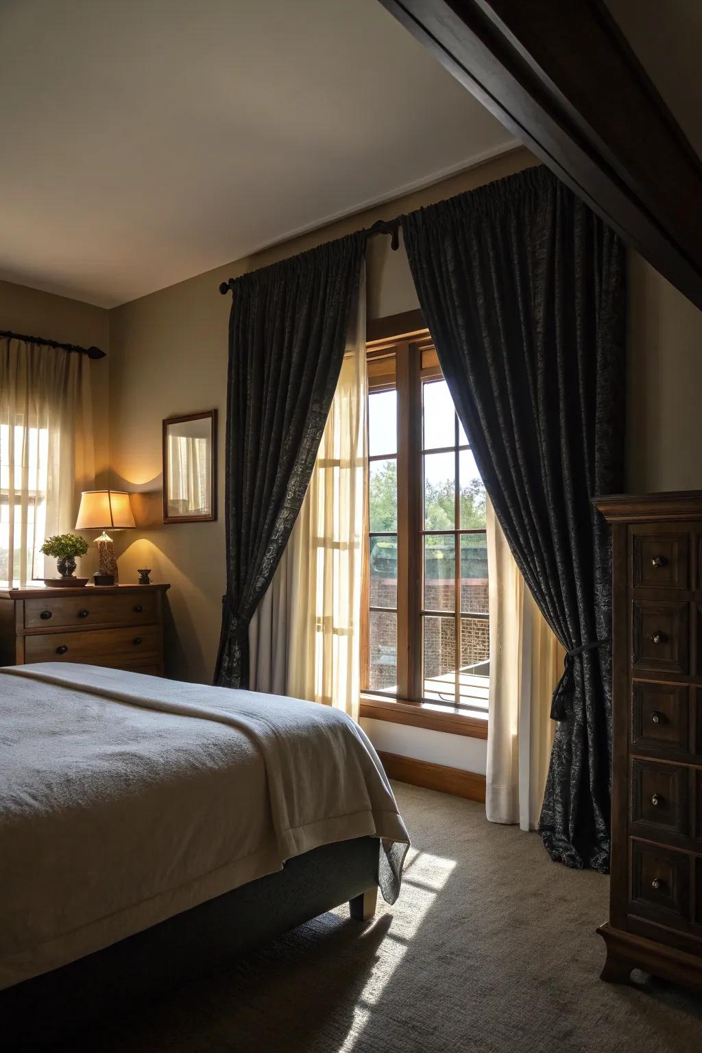 Heavy curtains amplify coziness and inject dramatic flair.