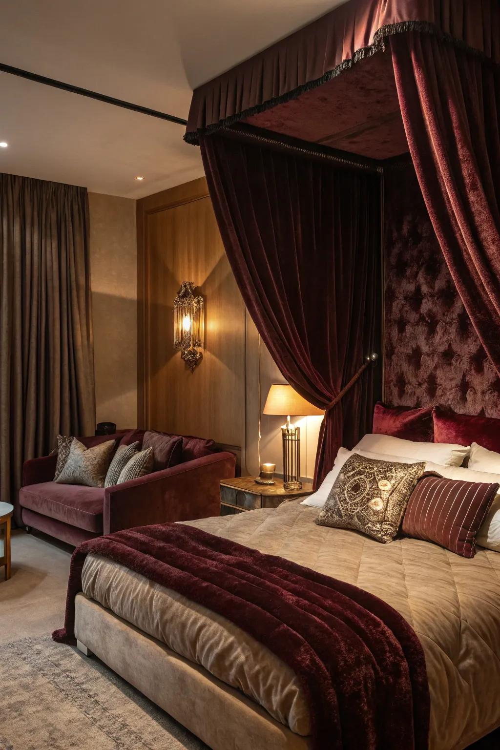A bedroom with velvet drapery and cushions providing a touch of luxury.