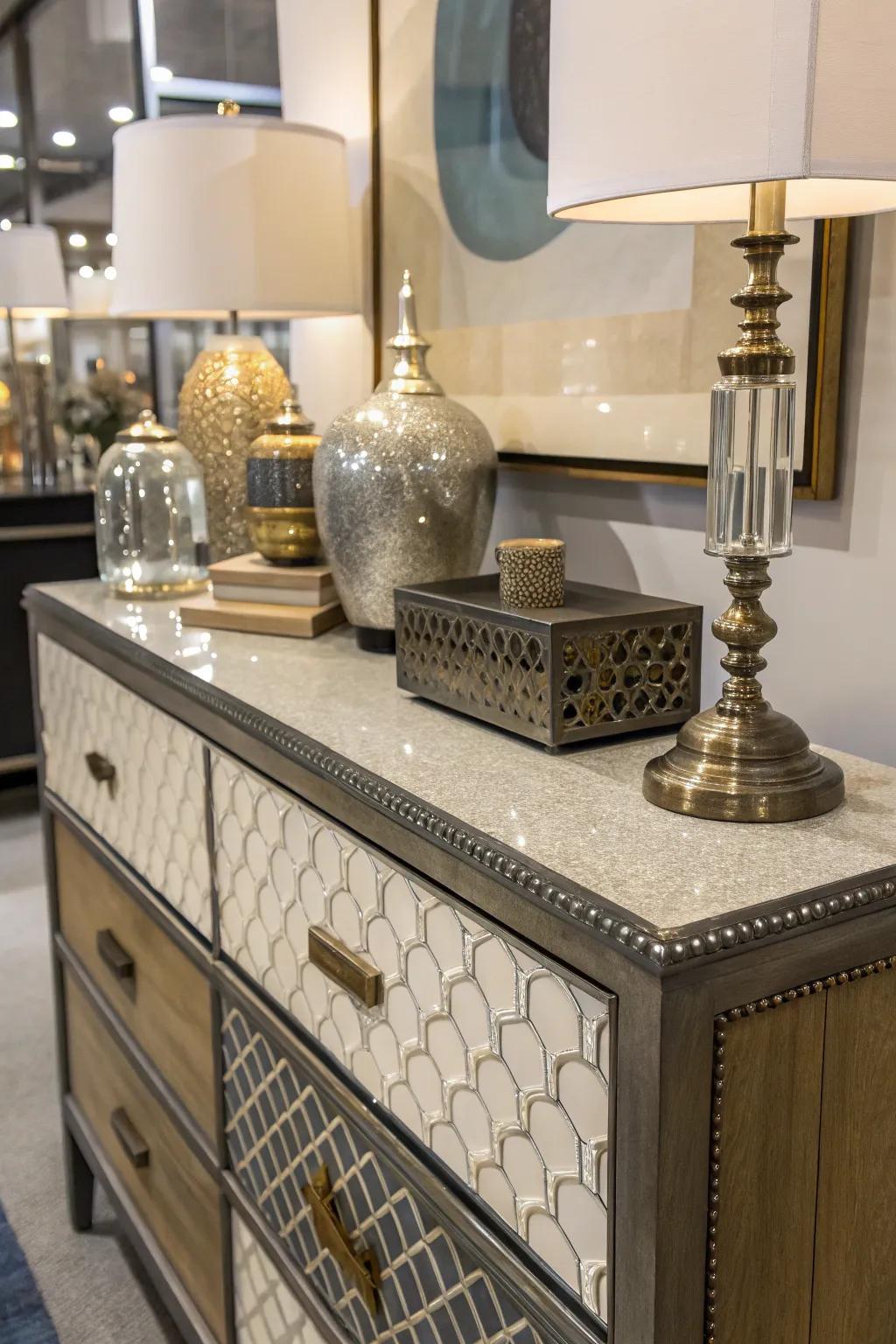 Mixing materials achieves a vibrant and textured dresser aesthetic.