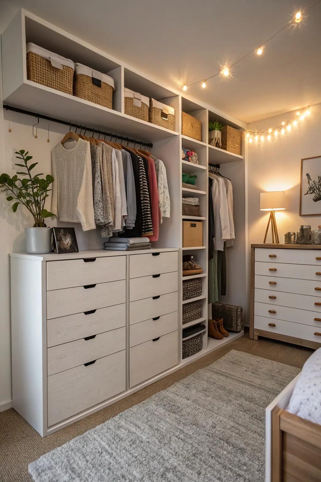 Component dresser units offering flexible and customizable storage in a small bedroom.