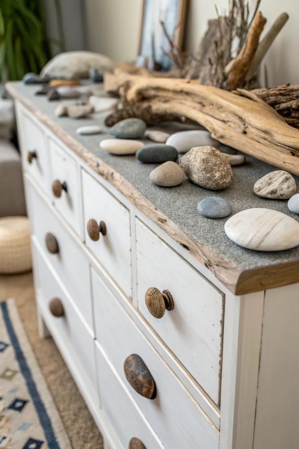 Naturalistic components usher tranquility into your dresser's presentation.