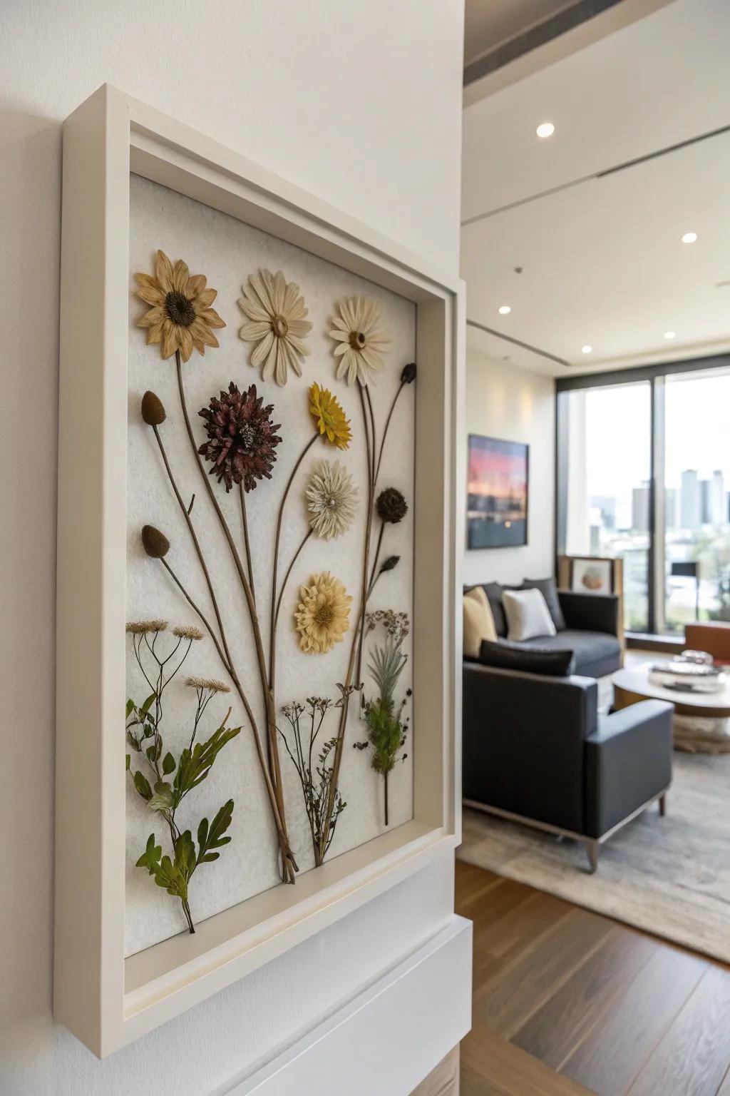 Make harmony through a symmetrical arrangement of dried flowers.