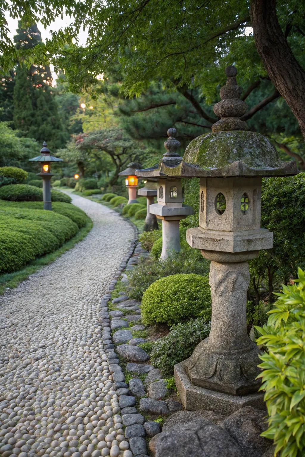 An enchanting stone path with stone lanterns.